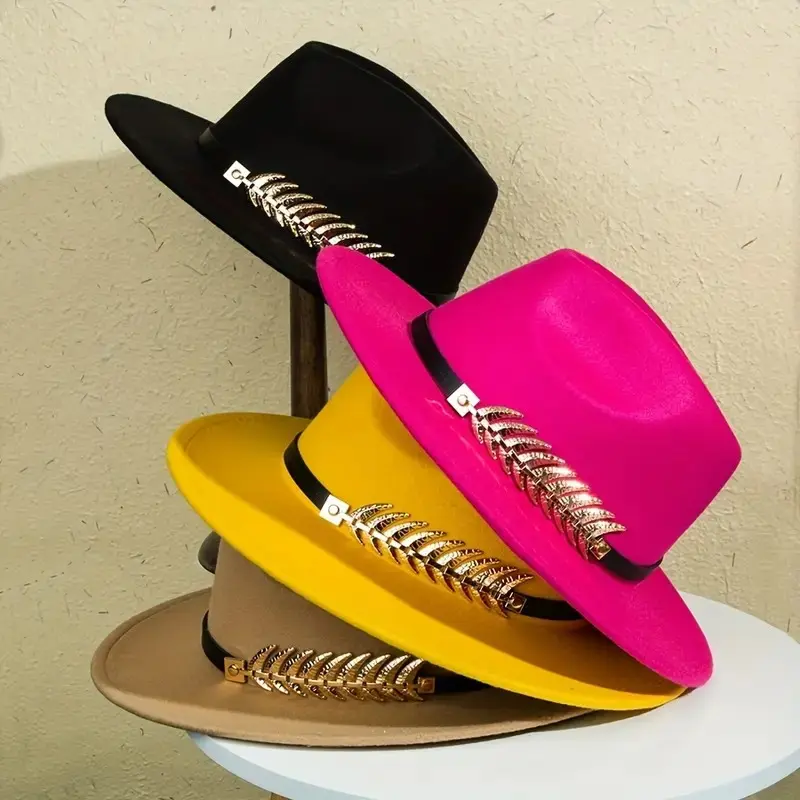 Wide Brim Fedora Hat w/ Gold Leaf Band – Stylish Unisex Felt Panama Jazz Cap