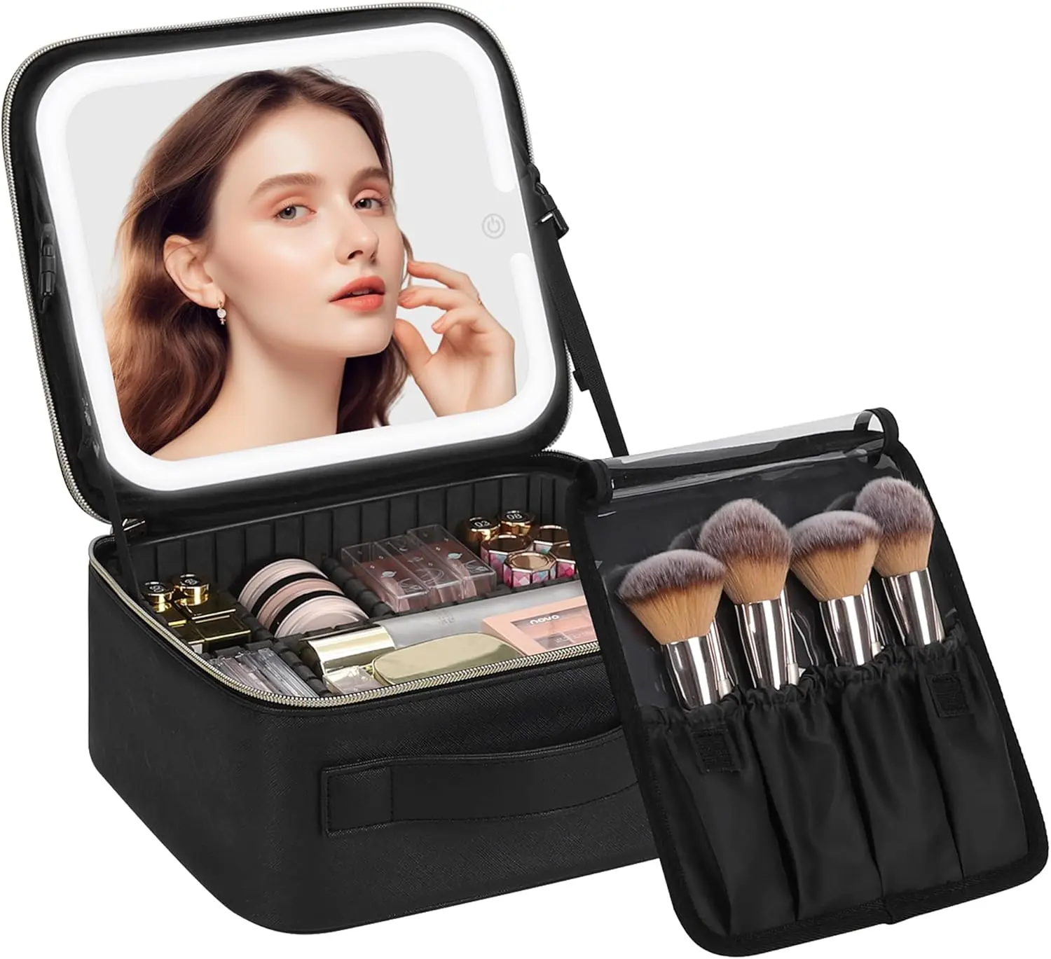 Makeup Bag with LED Mirror, Travel Makeup Case for Women and Makeup Artists Cosmetic Organizer Large Make Up Bags with Light Up Mirror, 3 Color Lights, Adjustable Dividers and Brush Holder