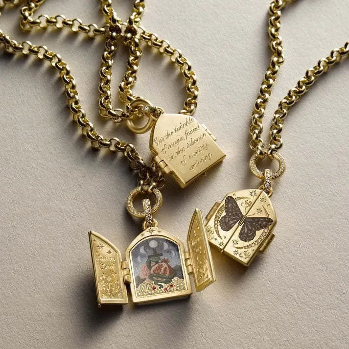 Secret Garden Locket Necklace for Women, Vintage Storybook Pendant with Opening Locket Doors, Alloy Plated with Crystal Accents, Butterfly, Rose & Dragonfly Charms for Daily Wear, Miniature Scenes