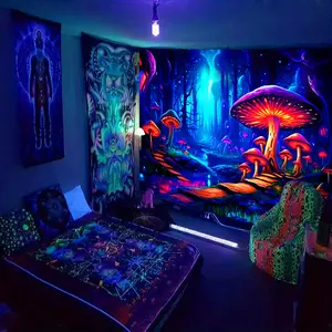 1pc Mushroom Forest UV Black Light Tapestry, large Size Peach Skin Fluorescent Tapestry, Bedroom Aesthetic Hanging Tapestry For Bedroom Office Living Room Home Decor, Live Streaming Background With Free Accessories