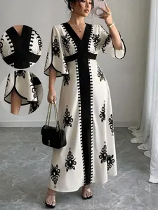 Women’s Floral Print V-Neck Dress, Casual Elegant Long-Sleeve Dress Suitable for Everyday Outdoor Wear and Dates/Gatherings in Spring and Summer; A Comfortable, Relaxed Valentine’s Day Dress.