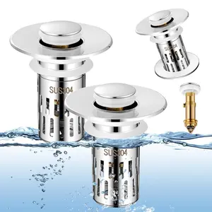 5-in-1 Bathroom Sink Stopper, 2 Pc Pop-Up Drain Stopper with Removable Hair Catcher, Anti-Clog Strainer, Odor Blocking & One-Way Flow Design, All Metal Brass Core & Stainless Steel, Fit 1.1"–2.36"