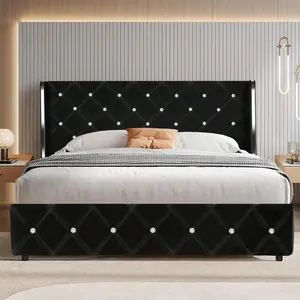 Upholstered Bed Frame,  Modern  Bed Frame With Wingback  Diamond Headboard, No Box Spring Needed, Easy Assembly, Twin/ Full/ Queen/ King, Black/ Pink/ White/ Purple/ Blue/ Green heavy duty wood platform installation