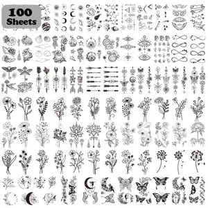 100 Sheets Temporary Tattoos for Women Adult, 420 Mixed Styles Tiny Branch Fake Tattoo Stickers that Look Real and Last Long, Realistic Henna Tattoo for Girl