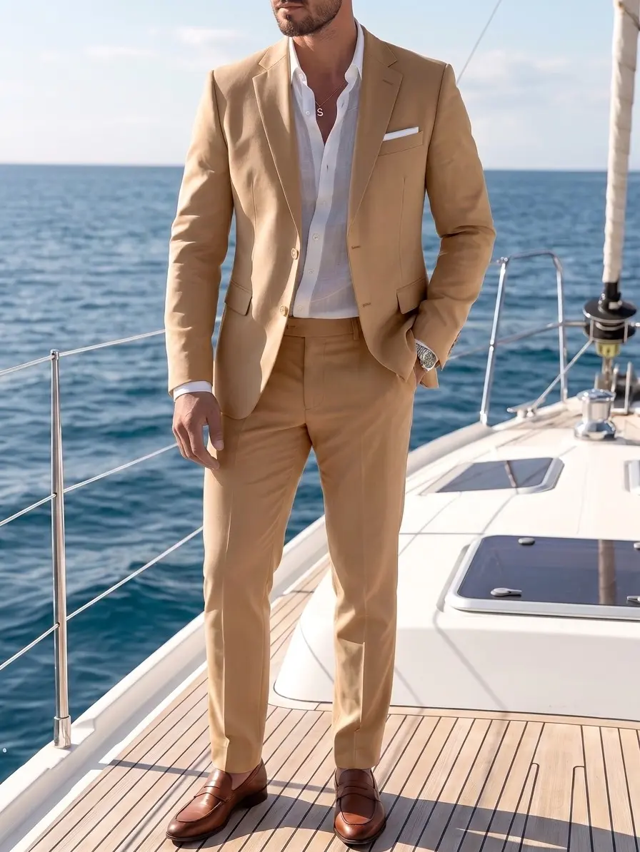 Men's Linen Suit 2 Piece Slim Fit Summer Beach Wedding Dress Prom Party Suit Blazer Jacket and Pants Business Suits Beige