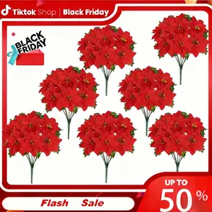 Christmas Poinsettia Flower 4/8 Pcs Red 7 Heads Silk Bouquet 33cm Height 23cm Width Realistic Reusable Festive Centerpiece Ornaments with Free Greeting Card for Xmas Party Decorations
