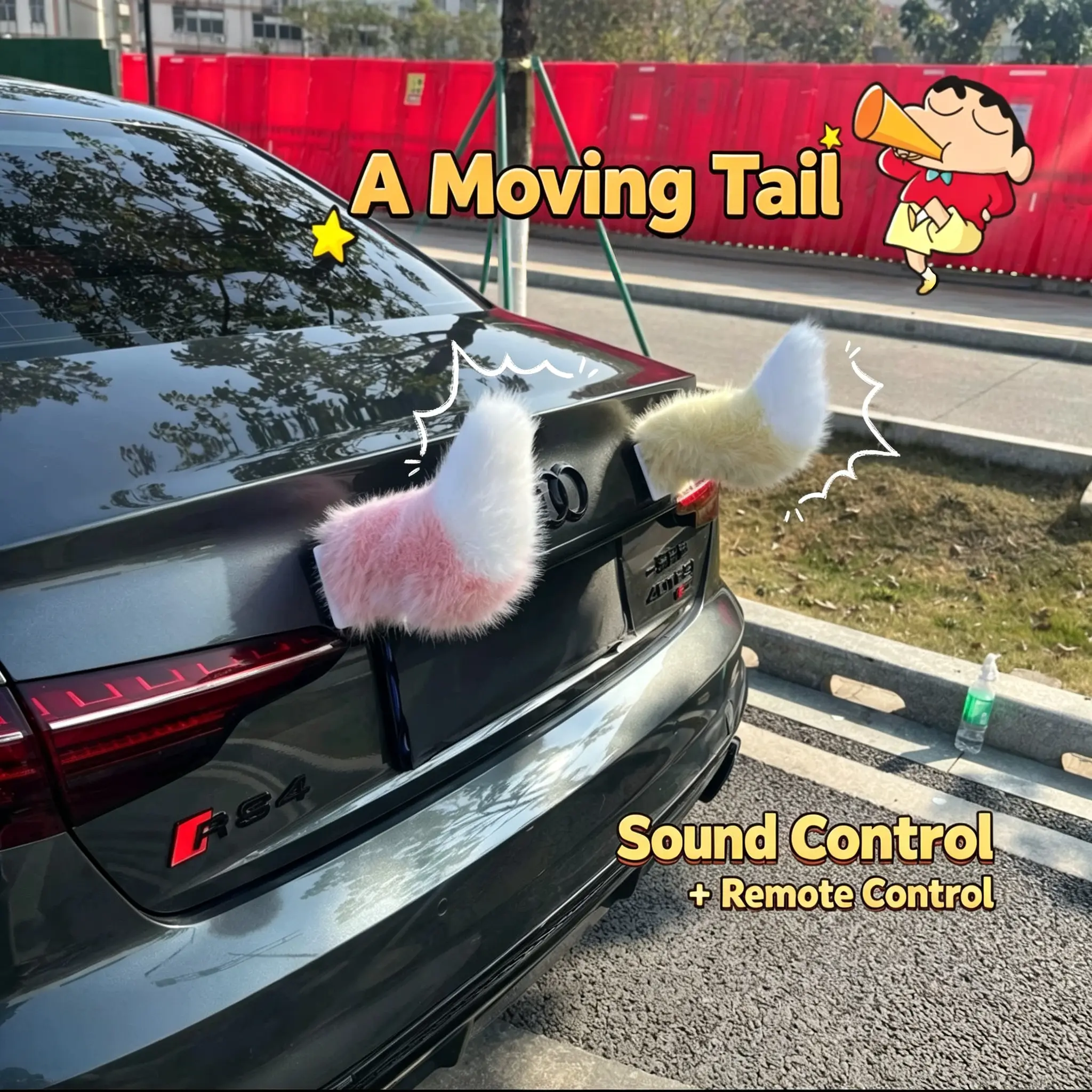 Remote Control Electric Car Tail Wagging Plush Fuzzy Ornament for Auto Trunk Bumper, Cute Moving Decoration with Adjustable Speed, USB Rechargeable Universal Fit Vehicle Exterior Accessory