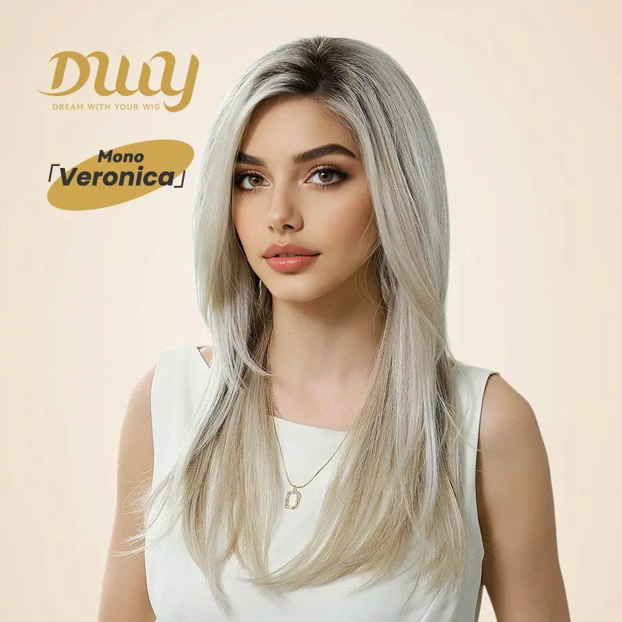 [HOT] Veronica -DWY Mono Lace Front Free Part Mid-Length Straight Rooted Platinum Blonde Glueless Synthetic Wig for Women 20 Inches Fashion Wig Fit Wig