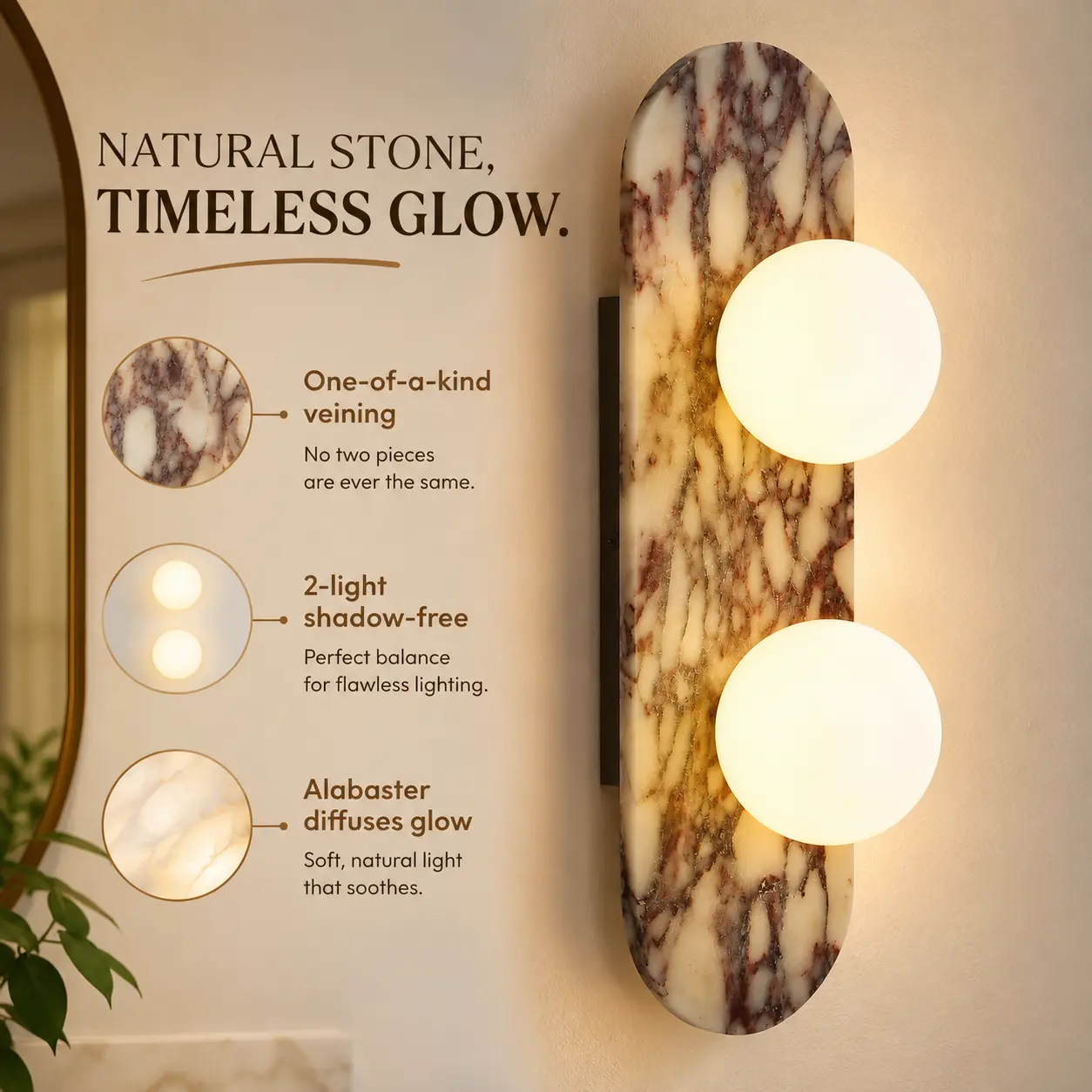 17.7 in Natural Marble Wall Lamp - Glass Shade, 2-Light G9 Base Stone Wall Sconce, Modern Alabaster Bedside Decoration Light for Bedroom, Living Room, Bedside Wall Lamp, Decoration Lamp Dimmable Warm White Led Corner Lamp Led Atmosphere Lamp
