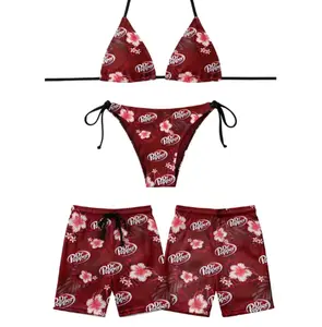 Couple Matching Swimwear, Dr Pepper Red Tropical Flower Print Bikini Set with Men's Shorts, Best Couple Gift Idea