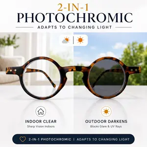 2-in-1 Photochromic Reading Glasses, Round Tortoiseshell Readers, Clear Indoors & Darkens Outdoors, UV Glare Protection outdoorfun