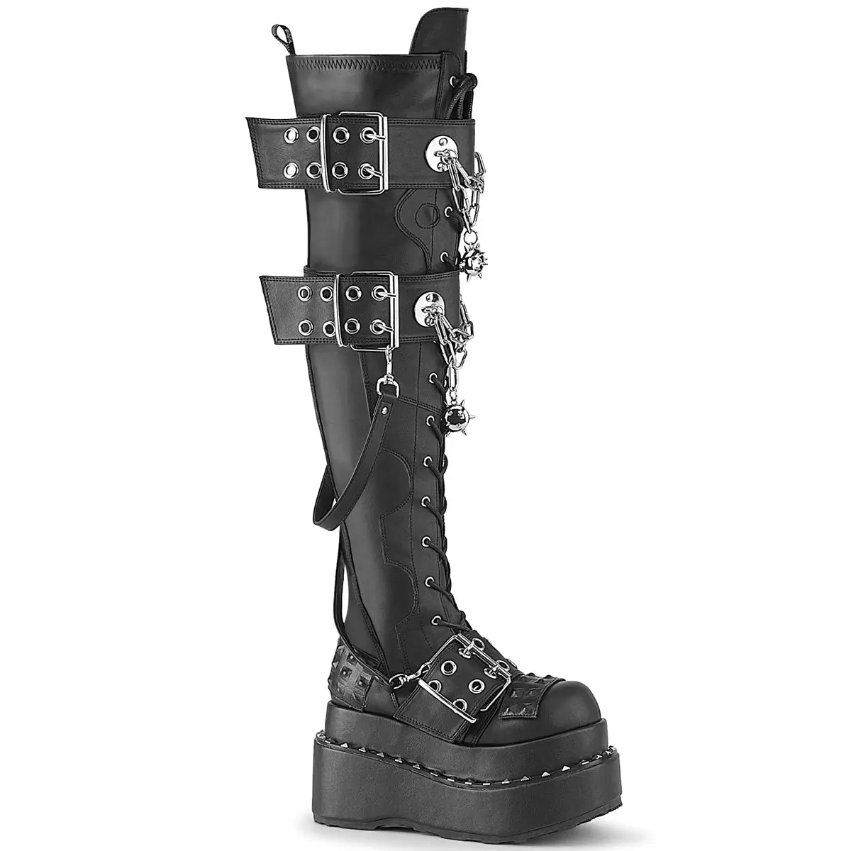 Demonia Bear-316 Women's Over-The-Knee Stretch Boot with Stud Trim and Spiked Ball Charm Demonia Bear-316 Women's Over-The-Knee Stretch Boot with Stud Trim and Spiked Ball Charm