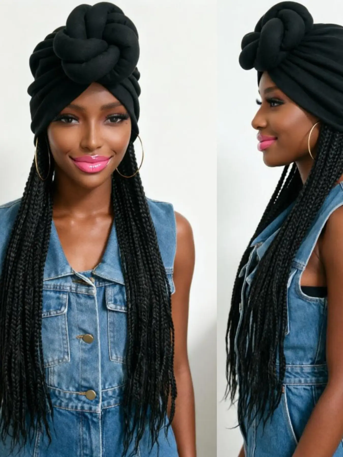 Long 24Inch Synthetic Black  Box Braided With Headband Elasticated Band Turban Hat Box Braiding Hair Extensions Head Scarf Easy Hairstyle Boho Braids Boho Style Wigs Bohemian Braided Wig For Black Women