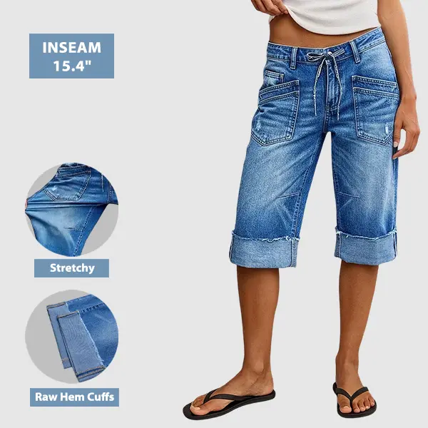 Flamingals Wash Roll Hem Ripped Patch Pocket Drawstring Straight Leg Mid Rise Capri Jeans Womenswear Stretchy 15.4" Inseam