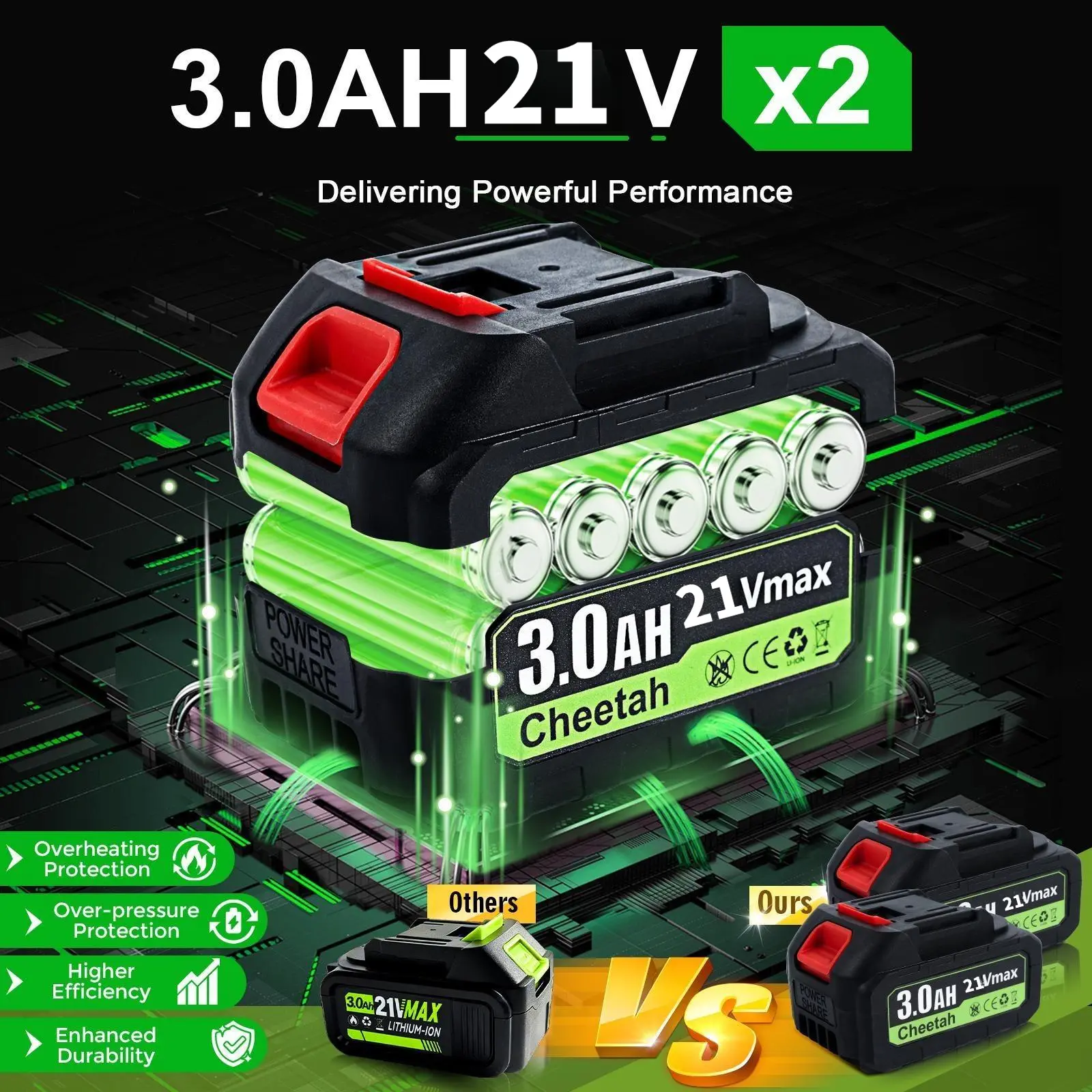 Cheetah 21Vmax 3.0AH Battery Powered Cordless Drill Batteries (2-Pack) - Free Blower Accessory for Enhanced Power Performance, Cordless Drill Battery