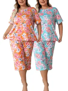 Plus Size 1XL-5XL Women's 2-sets Pajama Set Short-Sleeve Top Capri Pants Loungewear Soft Breathable Fabric