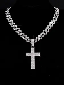 1pc Heavy Industry Fashion Cross Pendant Necklace for Men Punk Style Cuban Link Necklace Iced out Bling Cross Pendant with Cuban Chain set Iced out Jewelry Religious Christian Necklace Fashion Accessories Suitable for Daily Matching