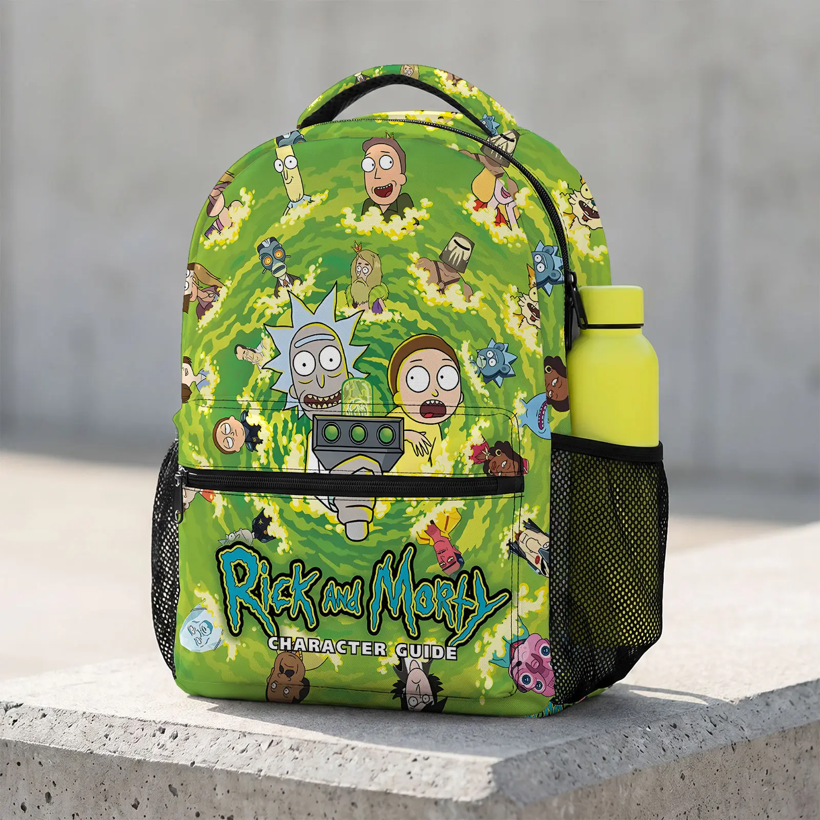 Rick-and-Morty Cute Cartoon Backpack 17-Inch | Kawaii Print School Bookbag | Large Travel Daypack with Water Bottle Holder for Teens Kids