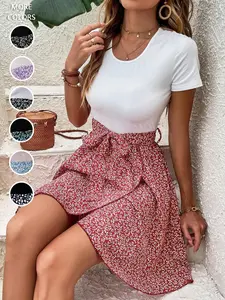 Women's Ditsy Floral Print Belted Wrap Dress, Elegant Fashion Casual A Line Short Dress for Daily Outdoor Wear, Ladies Bottoms for Summer
