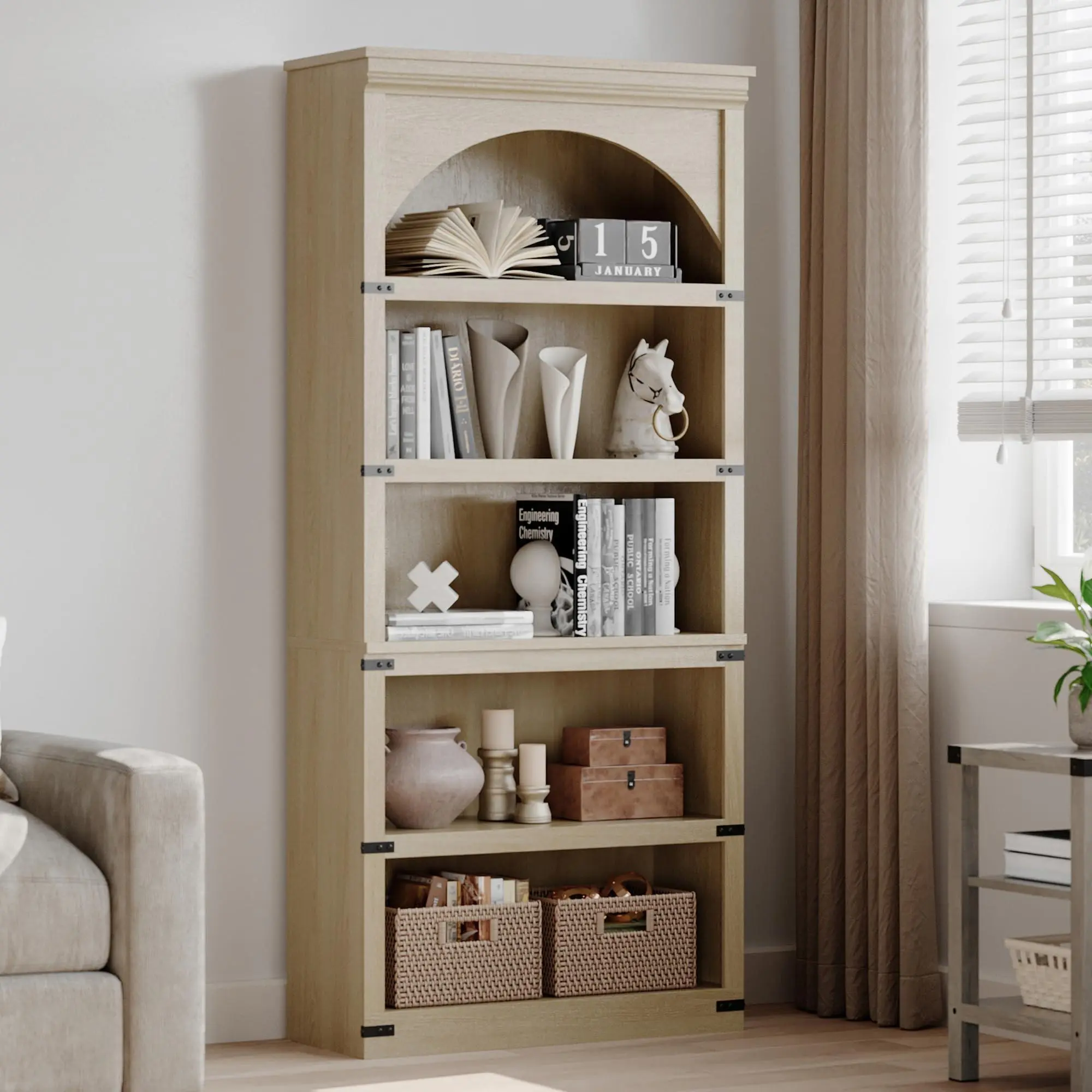 Natural Oak Farmhouse Arched Bookshelf,69" Tall Bookcase w/Arche Design,Wooden Arch Book Shelf with Wooden Base,5 Tier Bookshelves Rustic Vintage Book Shelf for Living Room Office Library