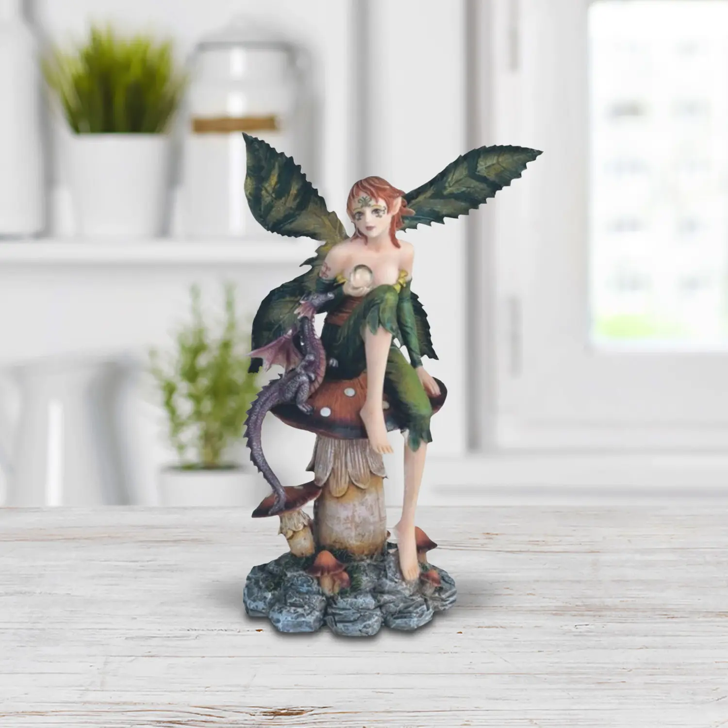 9"H Green Fairy with Purple Baby Dragon Sitting on Mushroom Statue Fantasy Decoration Figurine