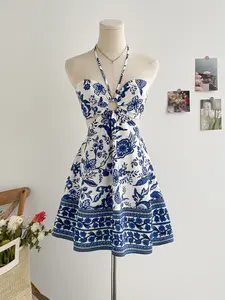 Spring Floral Halter Flowy A Line Dress Cut Out Smocked High Waisted Short Vacation Dress Sundresses