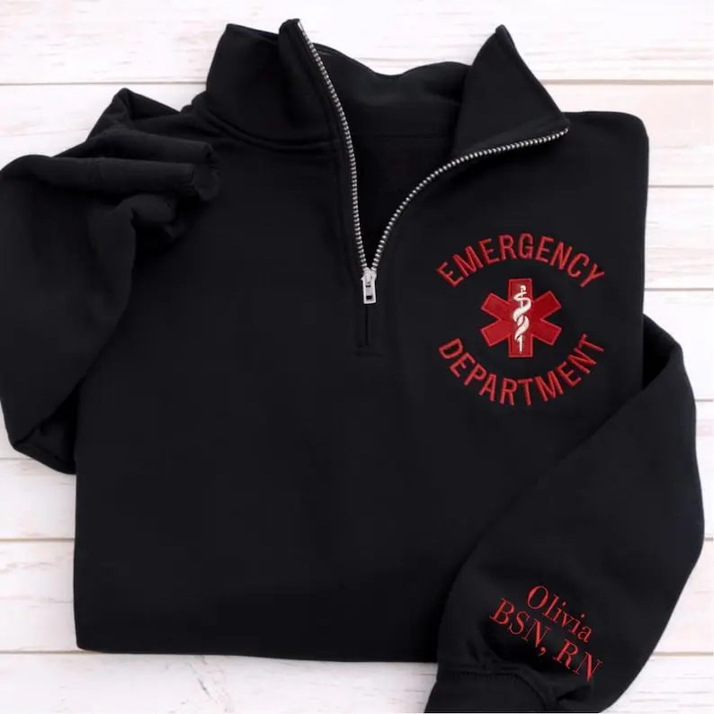 [MADE IN US] Embroidered Emergency Department Quarter Zip, Personalized Name On Sleeve, Pullover Jacket for ER Nurse, ER Nurse Gift, ER Department Sweater