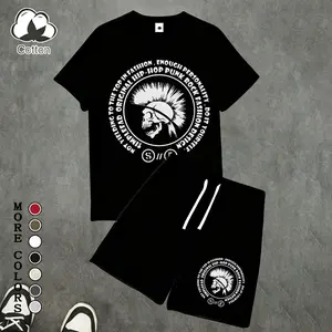 Men's 2-Piece Punk Mohawk Skull & Hip-Hop/Rock Graphic Outfit, Cotton Short-Sleeve T-Shirt & Athletic Shorts Set, Lightweight Breathable Casual Activewear, Ideal for Summer Streetwear, Punk/Alternative Fans, Gift for Boyfriend