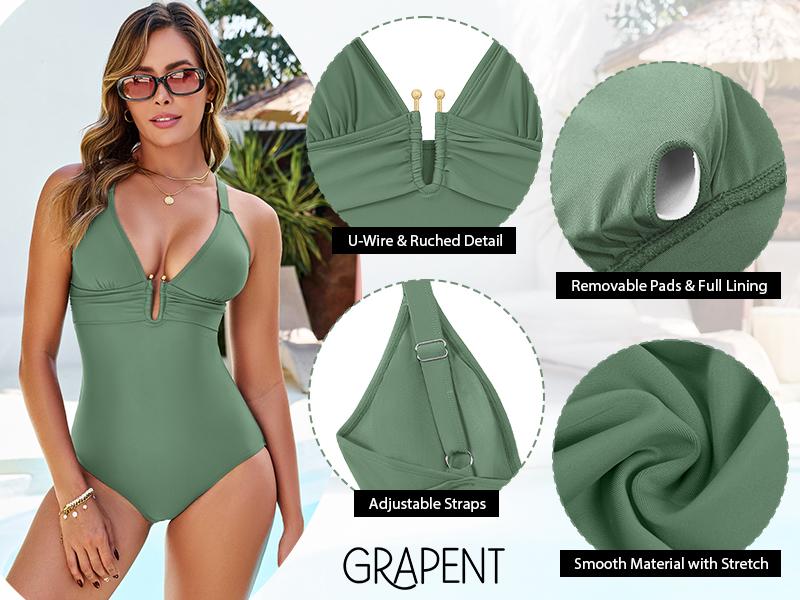 GRAPENT One Piece Swimsuit Women Ruched Sexy Plunge U Hook Bathing Suit Swimwear 2026 Swimming Beach Vacation Outfit