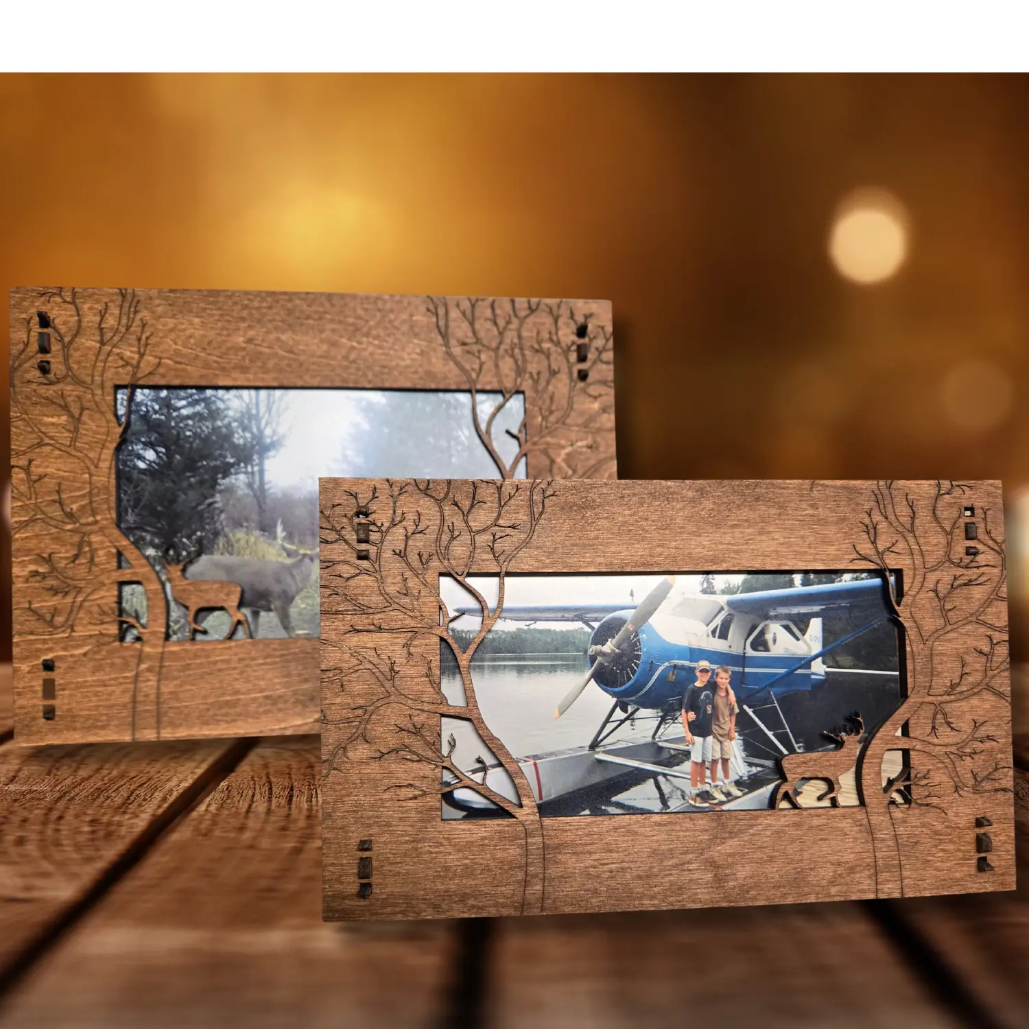 Rustic Laser Engraved Wood Picture Frame with Trees and Deer Design, Nature Decor Photo Outdoors Wooden