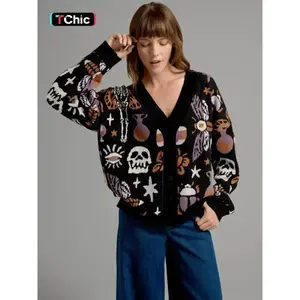 Women's Halloween Themed All Over Hybrid Skull Knit Button Front Cardigan, Casual Drop Shoulder Long Sleeve V Neck Knitwear for? Fall, Fashion Ladies' Knit Clothing for Daily Wear