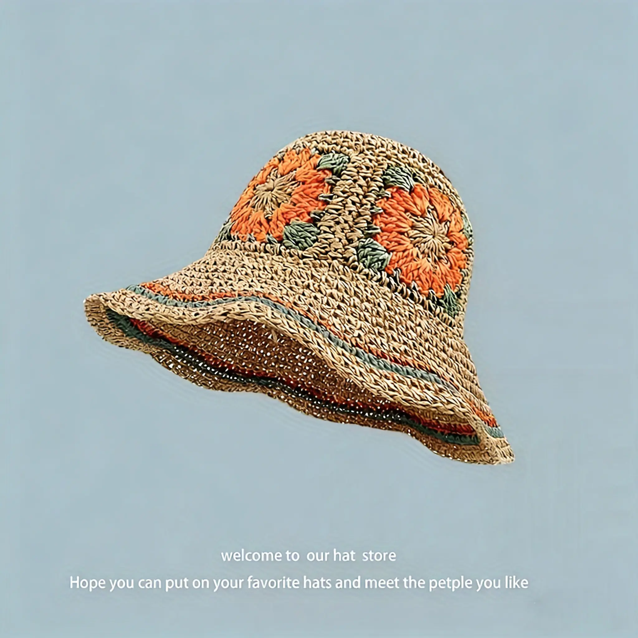 Spring/Summer colorful floral jacquard ethnic-style hand-woven straw hat, foldable, stylish sunshade, multi-functional fisherman's hat.
