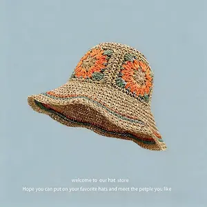 Spring/Summer colorful floral jacquard ethnic-style hand-woven straw hat, foldable, stylish sunshade, multi-functional fisherman's hat.