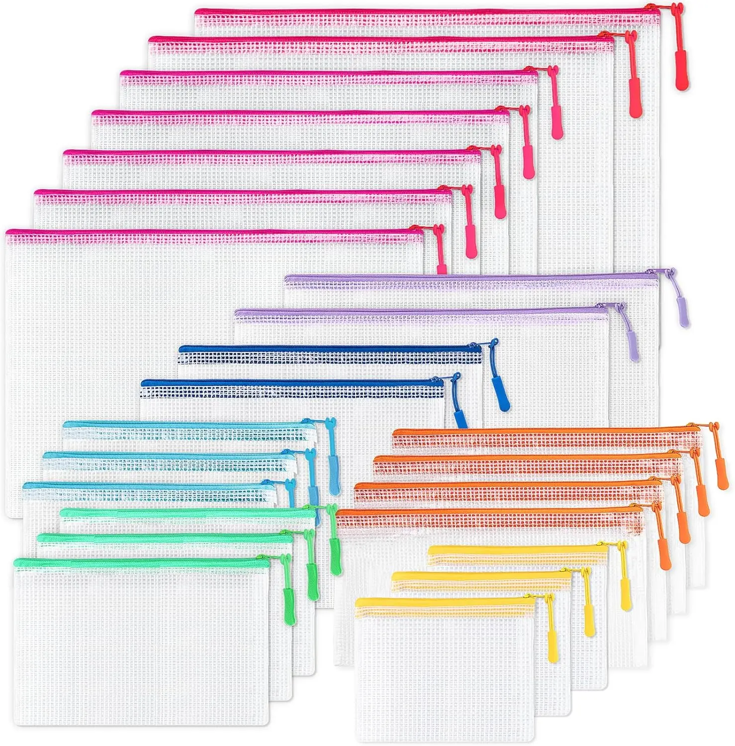 24 Pack Mesh Zipper Pouch Bags, Waterproof Clear Plastic Zipper Pouches in 8 Sizes for Organizing, Classroom Storage Bags, Travel Accessories, Office Supplies, Document and School Organizer Bags