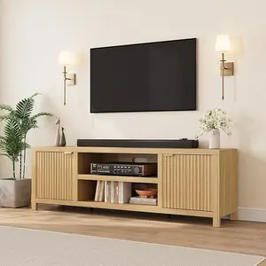 Fluted TV Stand for 80 Inch, Modern Entertainment Center with Storage, with Fluted Door and Gold Handle for Living Room Bedroom, Natural Oak