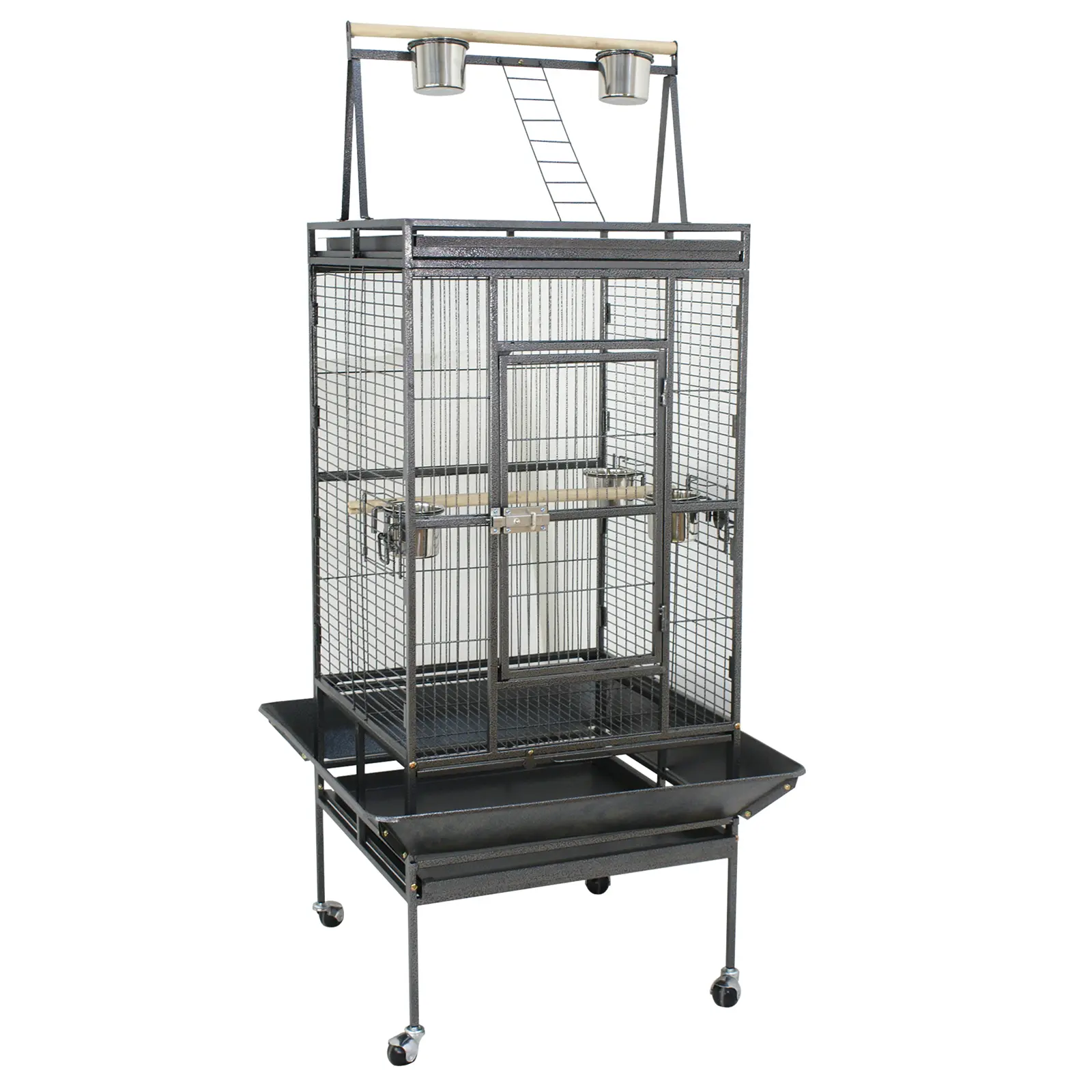 Segawe 68-in Tall Wrought Iron Bird Cage - 2-in-1 Playtop Roof, Rolling Wheels Stand, Stainless Steel Bowls, Wood Accent - For Small/Medium Parrots, Cockatiels