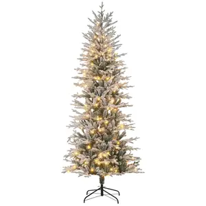 7.5' Pre Lit Artificial Flocked Christmas Trees, with Snow Branches, Warm Yellow Clear Lights, Auto Open, Extra Bulb. 350 LEDs. Flame-Retardant. 42.5" Dia