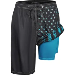 Mens Swim Trunks with Compression Liner 9" Built-in Board Shorts 2 in 1 Quick Dry Bathing Suits with Zipper Pockets