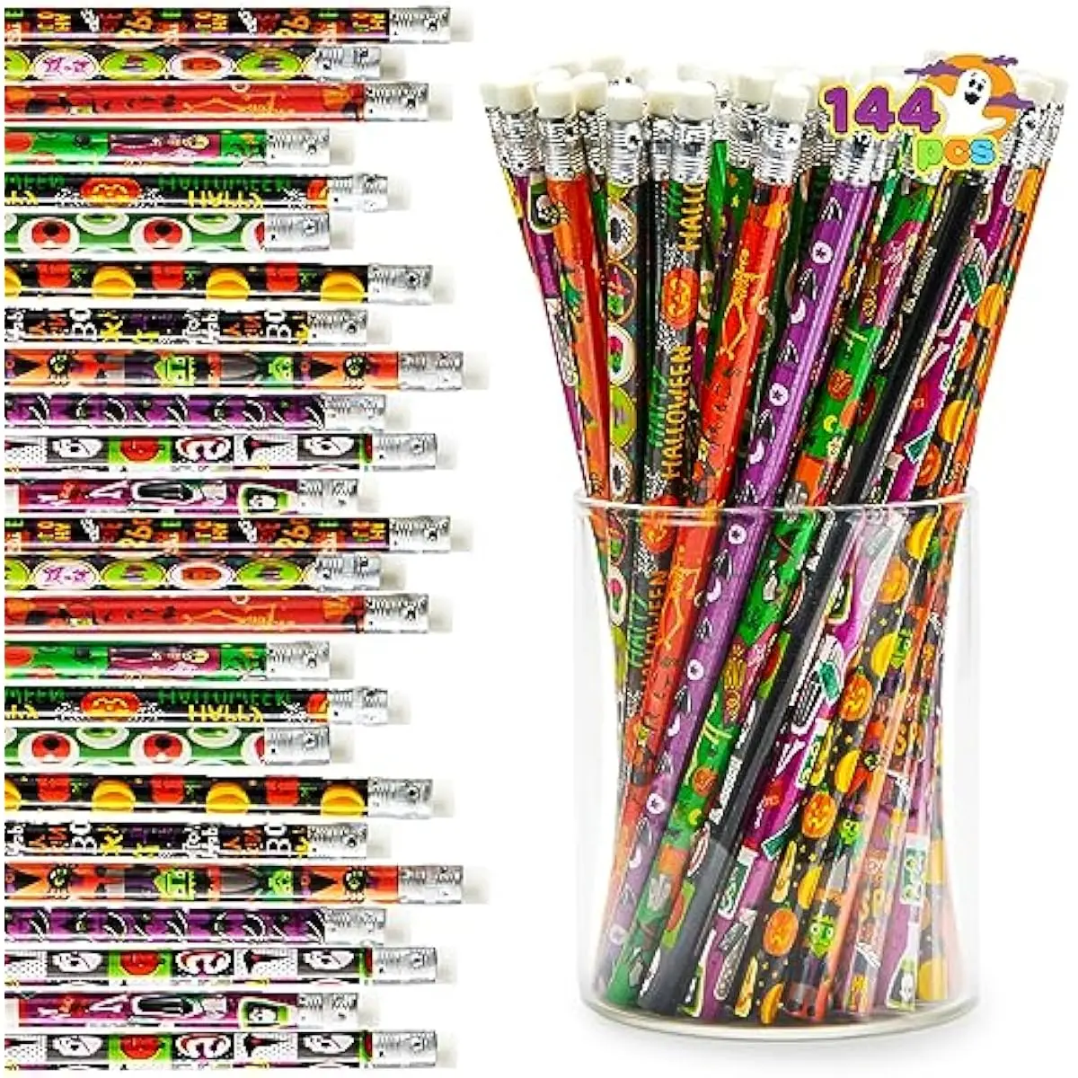 144 PCS Halloween Pencils with Eraser, 12 Designs Halloween Stationery Set for Kids Gifts Prizes, Wooden Drawing Pencils, Classroom Party Favor Supplies, Trick or Treat Goodies Bags Fillers