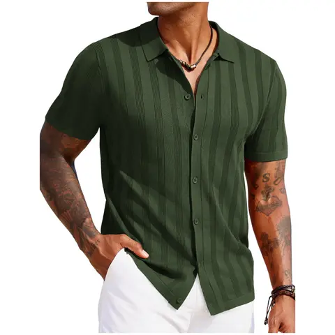 COOFANDY Men's Knit Polo Shirt Vintage Button Down Shirt Short Sleeve Hawaiian Shirt 2025 Summer Fashion Beach Shirts