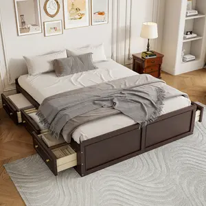 Wood Queen Size Platform Bed Frame with 6 Drawers