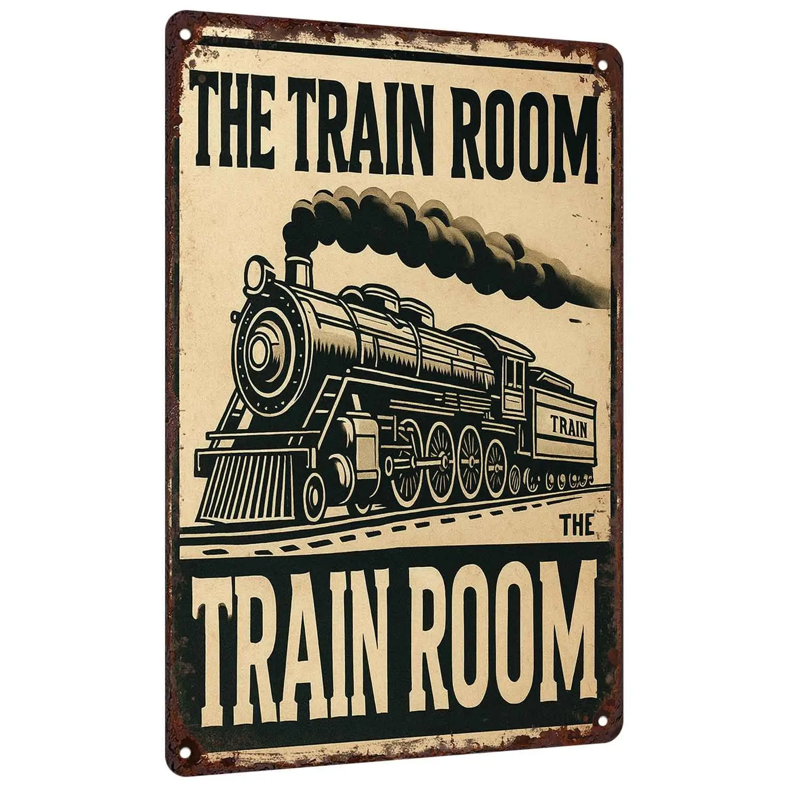 THE TRAIN ROOM 8x12 in Vintage Metal Tin Sign, Retro Steam Locomotive Decorative Wall Art, Garage-Bar Man Cave Home Decor, Gift for Train Enthusiasts