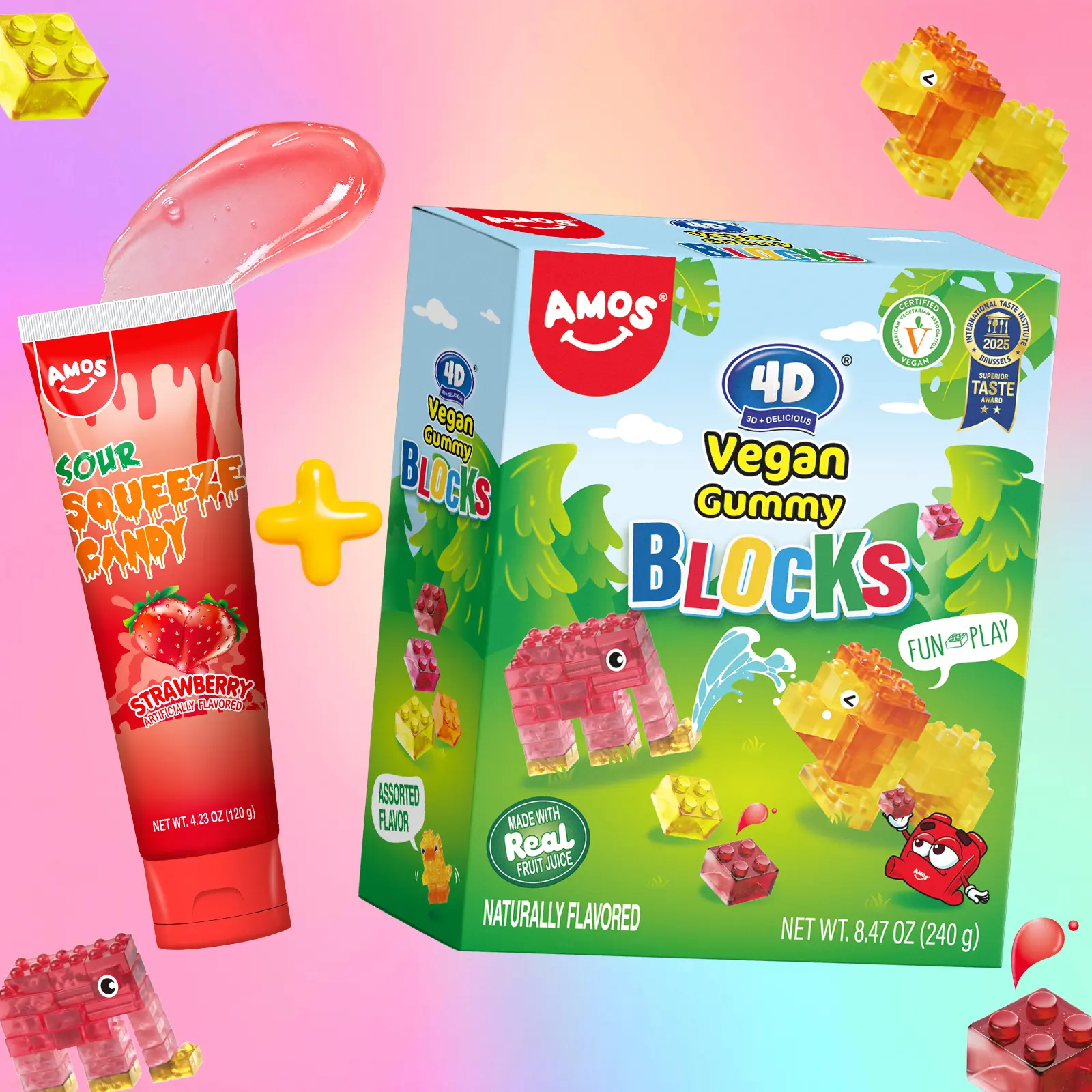 AMOS Sour Squeeze Candy – Blueberry / Strawberry / Apple – 4.23oz (120g) – Fun Squeezable Gel Candy for Kids – Artificially Flavored