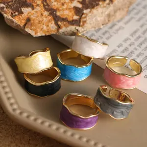 Ladies' Retro Drip-Glazed Sparkly Gold-Tone Colored Disc Ring - Versatile Everyday Fashion Costume Jewelry Accessory (Multiple Colors Available), Colored Disc Rings, Sparkly Gold-Tone Rings