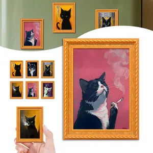 Cute Cat Refrigerator Magnets, Funny Wooden Rebellious Cat Smoking Art Print Fridge Magnets, Black and White Cats Design Magnet Refrigerator for Home Kitchen Office Decor