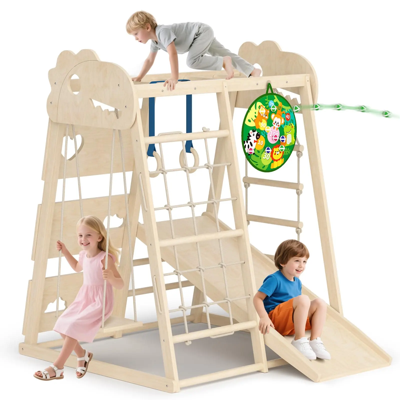 8-in-1 Indoor Playground, Indoor Jungle Gym for Kids, Wooden Montessori Climbing Toys with Rings, Slide,Rope Ladder, Monkey Bar, Climbing Net, Climbing Rock, Swing, Dart Board Non Inflatable Multifunction Playground Set Toddler Slide Set