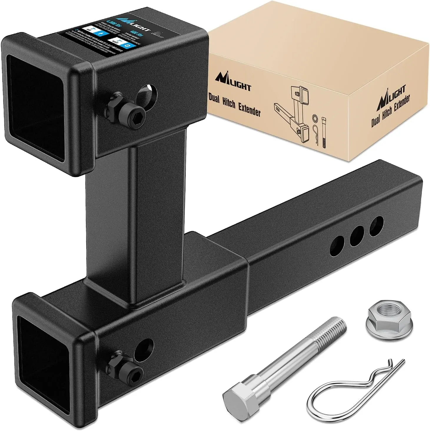 Nilight Corrosion-Resistant Black Matte Powder Coat Steel Dual Hitch Extension, 2-in Receiver Extender with Bolt-Nut Hardware Kit, Adjustable Length (10-in Max), 7.5-in Riser/4-in Drop, 4000 lbs GTW, Multi-Use Camera/Smartphone Mount Vehicle Accessory, Ac
