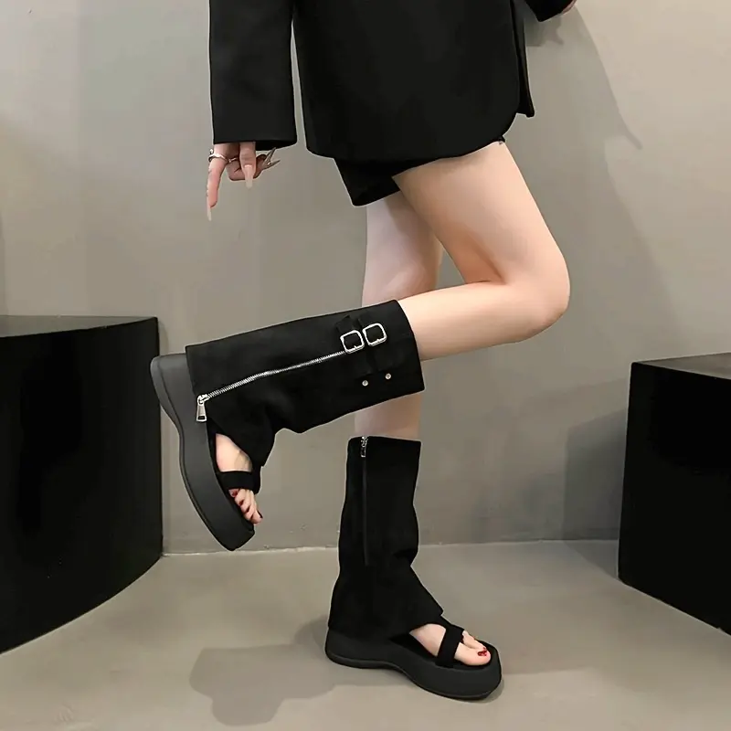Convertible Platform Boots for Women, Square Open Toe Flannel Mid Heels with Detachable Knee-High Strap and Buckle, Footwear