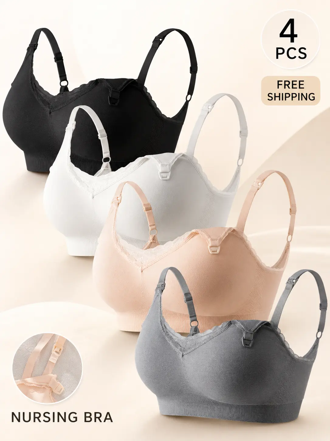 【4 Pack】Women's Nursing Bras, Wireless Seamless Maternity Bralettes with One-Hand Drop-Down Cups, V-Neck Lace Trim, Adjustable Straps and Wide Ribbed Underband, Soft Stretch Support for Pregnancy, Breastfeeding, Sleep and Everyday Wear, All-Day Comfort