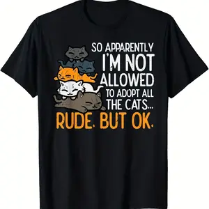 I'm Banned From Adopting All Cats Funny Graphic Cotton T-Shirt, Cute Tabby Maine Coon Cat Oversized Casual Tee, Perfect Gift For Cat Lovers